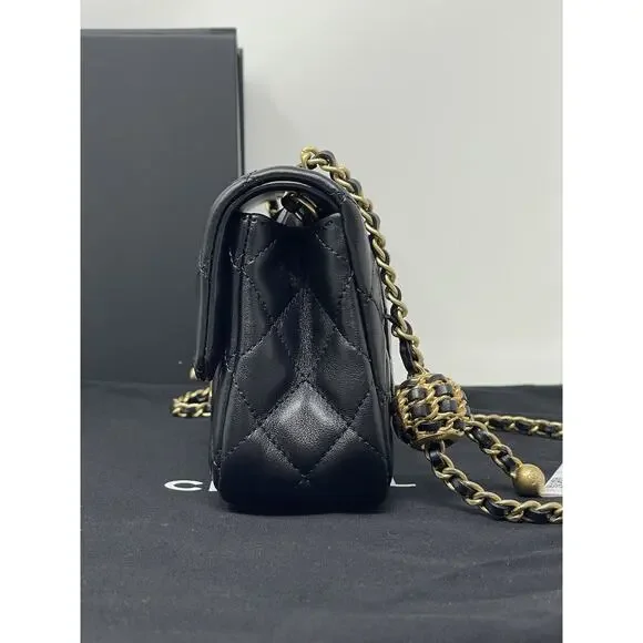 CHANEL 22S Black Mini Rectangle Pearl Crush Braid Gold Ball Flap Bag Unused - Picture 7 of 16